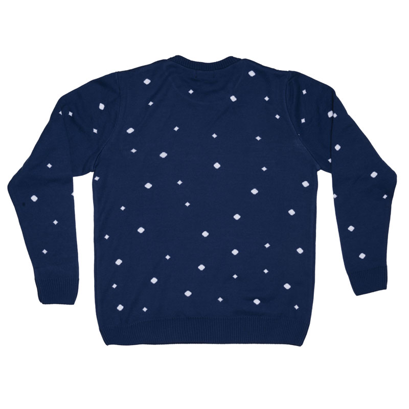 santa in a spitfire 2021 christmas jumper knit sweatshirt design detail blue snowflakes back